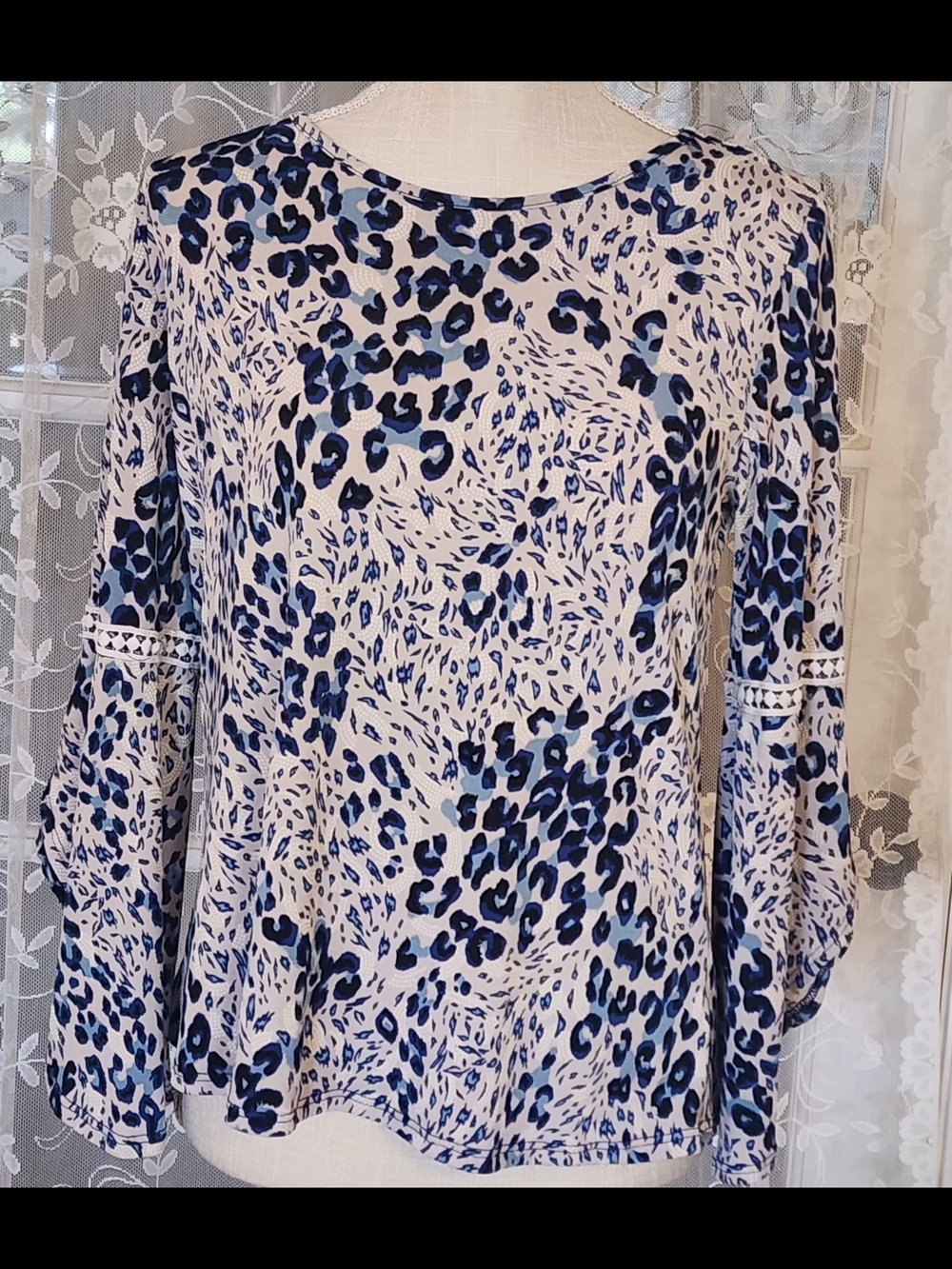 Amiana Blue and White Leopard-Print Long Sleeve Blouse